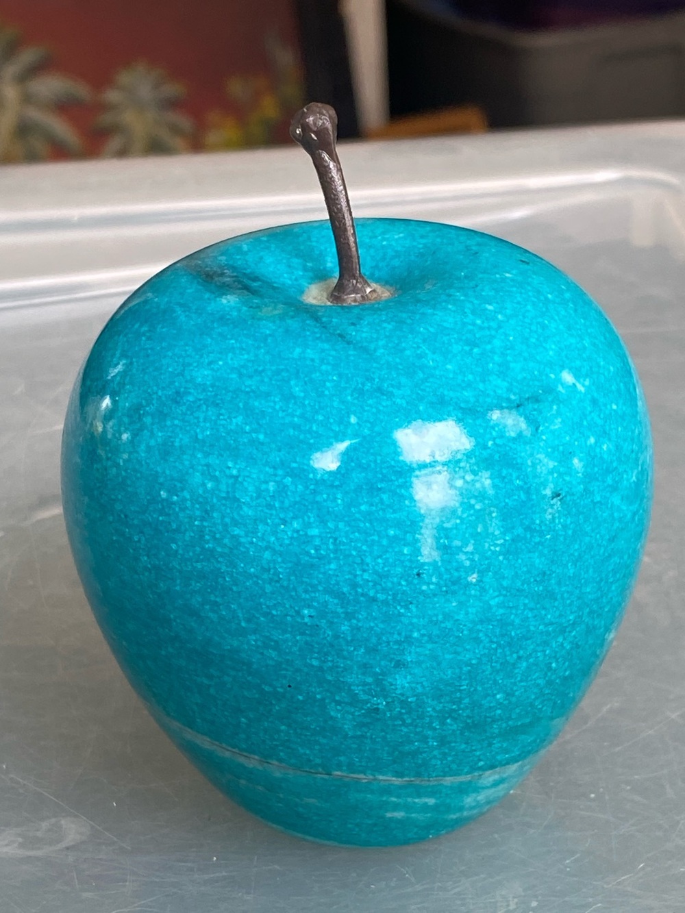 Vintage Blue Polished Alabaster Marble Apple Paperweight Desk Home Decor 3.5"